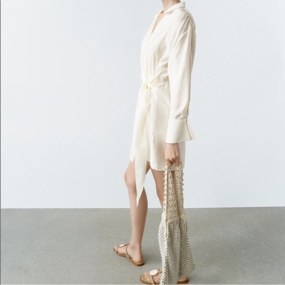 NEW NWT Zara Wrap Mini Dress Small Cream Beige Linen - Picture 3 of 3